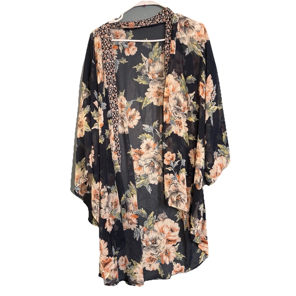 Band Of Gypsies Oversized Navy Floral Sheer Kimono XS/S Boho Fairy Whimsigoth